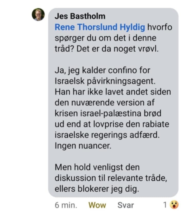 Da Socialdemokratiets kandidat til kommunalvalget Jes Bastholm <a href="/JesBastholm/">Jes Bastholm</a> fortsatte sin bagvaskelse af mig i går ved at gentage anklagen om at jeg skulle bære “påvirkningsagent” skrev jeg til ham privat i en respektfuld tone for at gøre ham opmærksom på at det er strafbart.