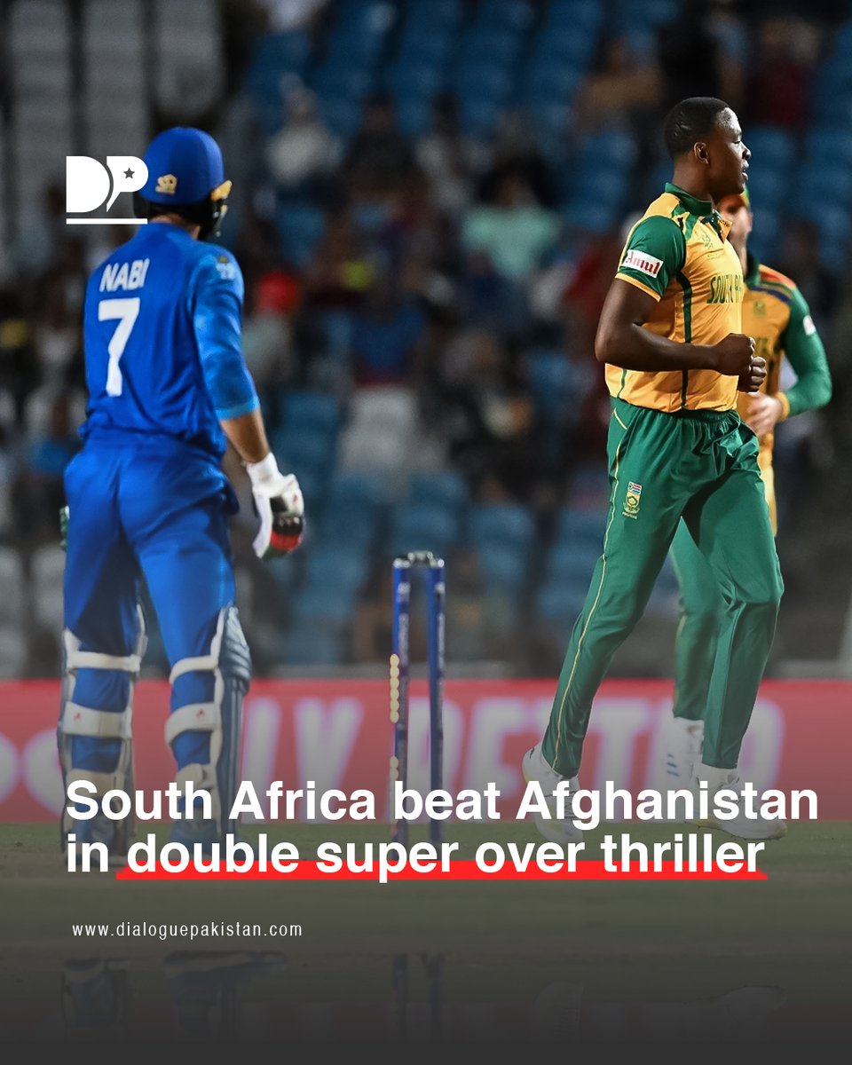 DialoguePak's tweet image. South Africa edged Afghanistan in a nail-biting contest, winning by four runs in the second Super Over of their ICC Men’s T20 World Cup clash in Ahmedabad on Wednesday.

dialoguepakistan.com/en/sports/sout…

#DialoguePakistan #SouthAfrica #Beat #Afghanistan #Double #SuperOver #Thriller