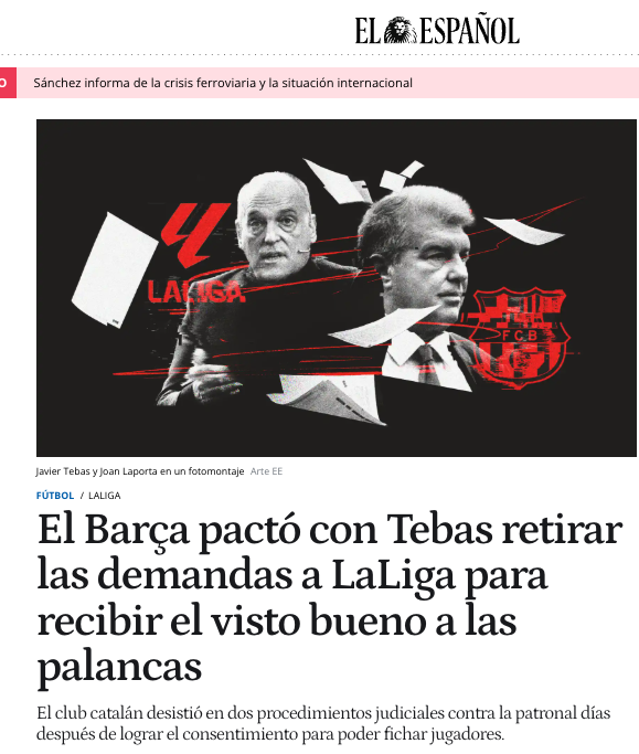 🚨 TEBAS Y LAPORTA: ACUERDO SECRETO PARA SALVAR AL BARÇA

El Barça PACTÓ con Tebas retirar las demandas contra LaLiga y CVC a cambio de que le dieran luz verde a sus PALANCAS.

Así pudieron inscribir a Gündogan, Cancelo, Félix y renovar a Gavi, Araújo y otros. Mientras tanto, el