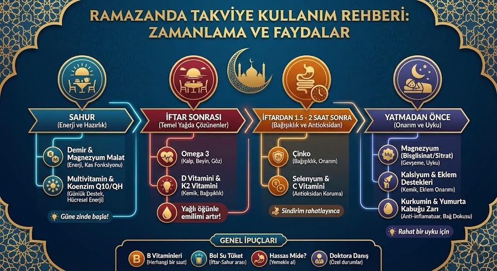 dogalyasalar's tweet photo. Ramazanda Takviye Kullanımı Rehberi [Detaylı]

— Sahurda: Güne hazırlık amaçlı, enerji verici ve tokluk sağlayıcı takviyeler.

— İftardan hemen sonra: Sindirimi destekleyen ve eksilen elektrolitleri yerine koyan destekler.

— İftardan 1–2 saat sonra: Yağda çözünen vitaminler, antioksidanlar, hormon düzenleyiciler.

— Uykudan 30–60 dk önce: Uyku destekleri ve gevşetici takviyeler.

○ Sahurda Kullanılabilecek Takviyeler
- Magnezyum (kas ve sinir sistemi için)
- B12 vitamini (enerji ve sinir sağlığı)
- Omega-3 (doygunluk ve inflamasyon kontrolü)
- Glutamin (bağırsak desteği, kas koruma)
- MCT yağı (enerji kaynağı, keton üretimi)
- Lif takviyesi (bağırsak düzeni, tokluk hissi)

○ İftarda Kullanılabilecek Takviyeler
- Multivitamin (günlük vitamin/mineral dengesi)
- Elektrolit içeriği yüksek takviyeler (özellikle potasyum, sodyum, magnezyum)
- Sindirim enzimleri (özellikle ağır yemekler sonrası)
- Probiyotikler (boş mideyle değil, yemekten sonra alınmalı)

○ Gece / Uyumadan Önce Kullanılabilecekler
- L-theanine veya GABA (uyku kalitesini artırmak için)
- Melatonin (düzenli uykuya geçişte zorlananlar için)
- Çinko (bağışıklık ve hormonal denge için)
- Ashwagandha (kortizol düzenleme ve stres azaltımı)
- D vitamini (yağlı bir yemekle birlikte, gece alınabilir)

Dikkat Edilmesi Gerekenler

• Aç karna tahriş yapabilecek takviyeler (örneğin: demir, çinko, bazı bitkisel ekstreler) mutlaka yemekle birlikte alınmalı.

• Kafeinli takviyeler (yeşil çay ekstresi, guarana vs.) iftardan hemen sonra değil, daha geç saatlerde alınmalı (uykuyu bozabilir).

• Yağda çözünen vitaminler (A, D, E, K) → mutlaka yağlı bir öğünle birlikte alınmalı.

• Glikozla hızlı yükselen destekler (örnek: maltodekstrin içeren sporcu ürünleri) iftara yakın veya egzersiz sonrası tercih edilmeli.

Ramazanda Öne Çıkan Takviyeler

○ Magnezyum bisglisinat → Sahurda sinir sistemi desteği

○ Omega-3 → İnflamasyon kontrolü, beyin sağlığı

○ Elektrolit tozu → Susuzluk kaynaklı baş ağrıları ve yorgunluk için

○ D vitamini → Güneş görmeyenler için elzem

○ Ashwagandha & Rhodiola → Stres yönetimi

○ Sindirim enzimleri → Ağır iftar menülerine destek

○ Kolajen Peptit → Cilt, saç ve eklem desteği