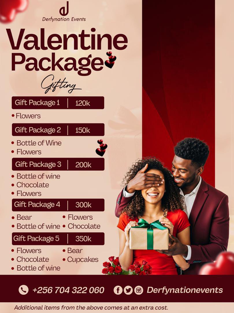 Valentine’s Day is all about love and celebrating the meaningful connections that make life amazing.

Here are the prices of the different Valentine packages that the #DerfynationEvents has brought to you;

Kindly support the hustle, call the number in the artwork and we as well