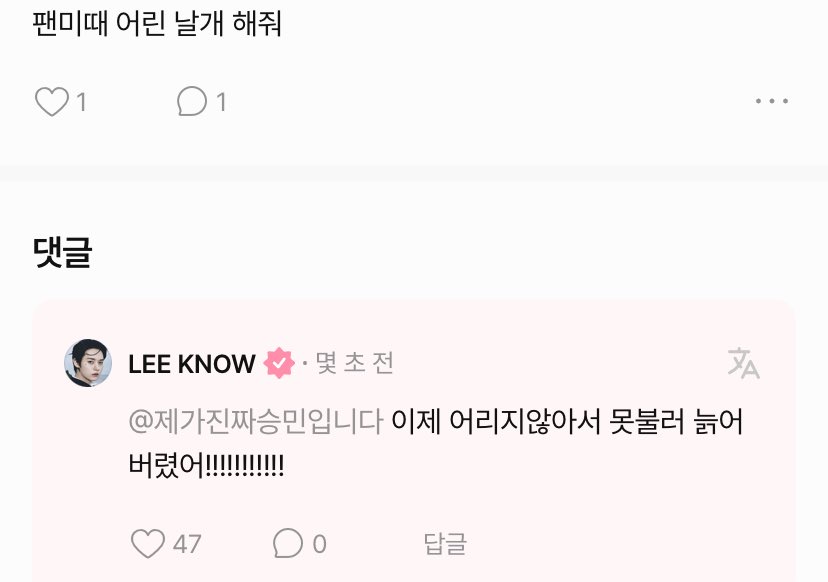 👤plis bawain lagu Young Wings dong di fanmeet

Lee Know: kami udah ga muda lagi jadi ga bisa bawain lagu itu. Kami udah tuaaaa

© SEUNGM1NE 🐦‍🔥