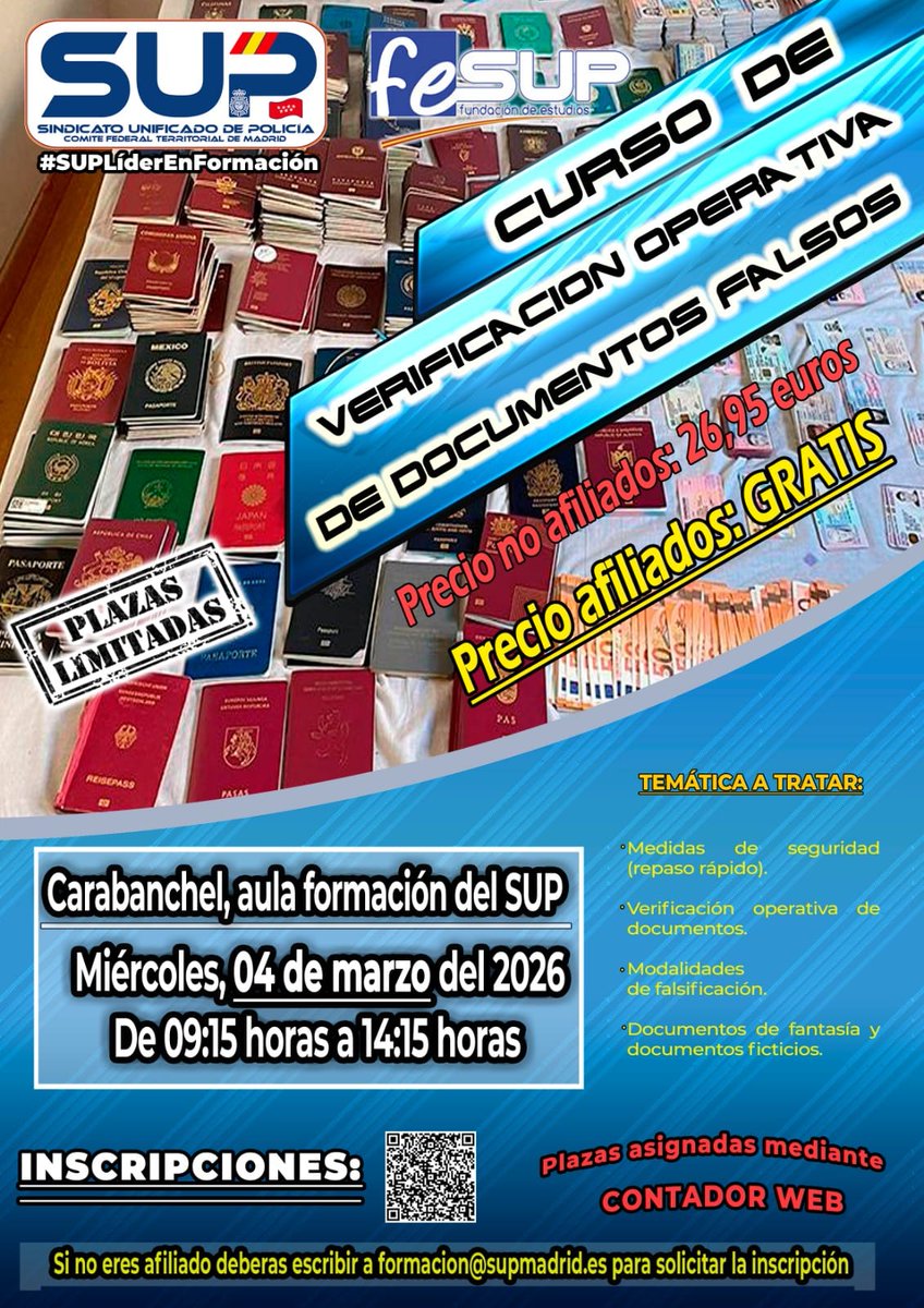 🚨 Curso de Verificación Operativa de #DocumentosFalsos 🚨

🎓 Imprescindible para detectar fraudes y mejorar tu labor diaria.
📢 ¡Inscripciones abiertas el 18 de febrero!
📅 Inicio: Miércoles 4 de #Marzo de 2026

📝 Afiliados: GRATIS
No afiliados: 26,95€
supformacion.es/cursos-presenc…