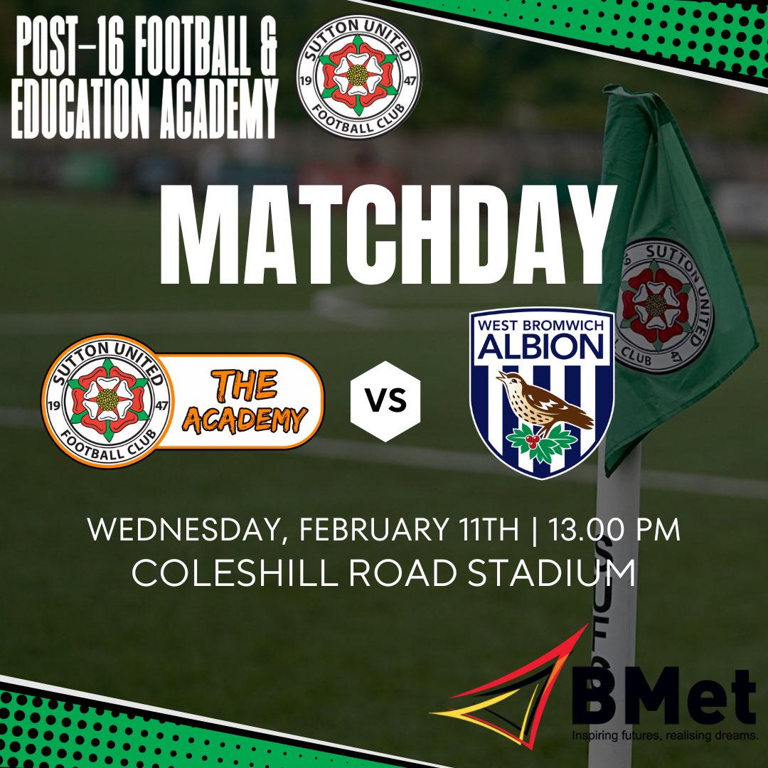 SuttonUtdFC's tweet photo. Game Week 14 | Post-16 Academy β½οΈ
Home tie today vs West Bromwich Albion
π 1pm KO
Strong review week in the classroom β now itβs time to put the work into action on the pitch.
Another competitive test awaits πͺ
#GameWeek14 #Post16Academy #Matchday https://t.co/muJpeCpsBB