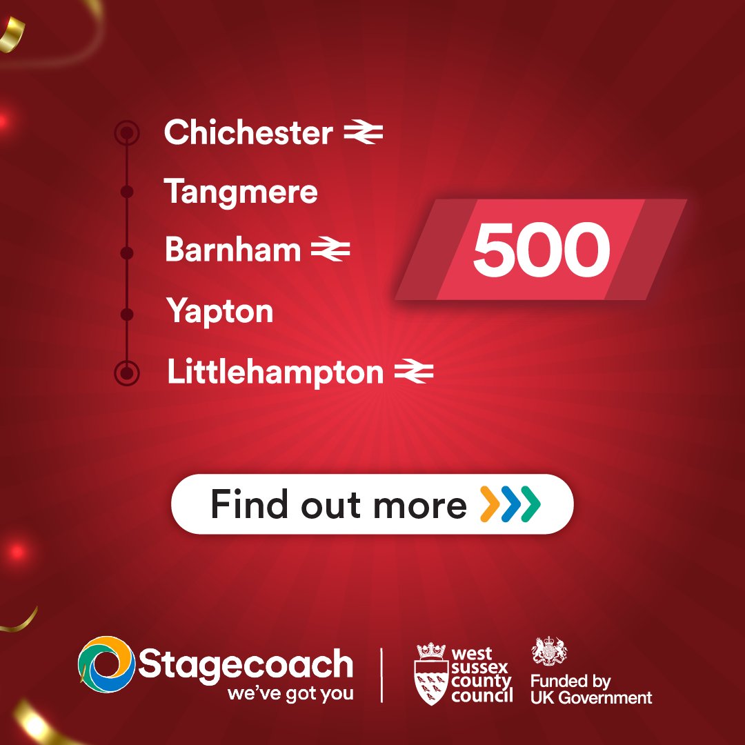 We're proud to announce the huge milestone of 1 MILLION journeys on the 500🎉 

To celebrate and say thank you, customers can travel for FREE on the 500 this Valentine's weekend, via the Stagecoach App💕

 #LoveYour500 <a href="/WSCCNews/">West Sussex County Council</a>

Find out how to redeem👉stge.co/45ZpZQ7