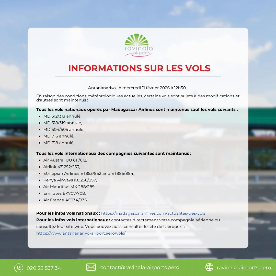 ✈️Informations sur les vols :
En raison des conditions météorologiques actuelles, certains vols sont sujets à des modifications et d'autres sont maintenus. Nous présentons nos sincères excuses pour les désagréments occasionnés et remercions les passagers de leur compréhension.