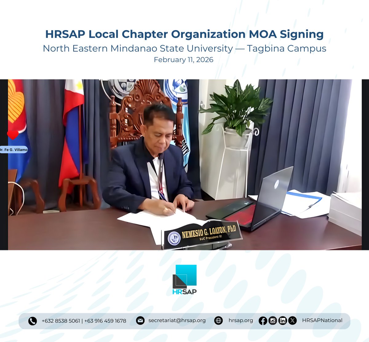 HRSAPNational's tweet photo. The HRSAP National with Northern Eastern Mindanao State University (NEMSU) – Tagbina Campus, proudly announces the successful Signing of the Memorandum of Agreement (MOA) for the establishment of a Local Chapter for HRDM students on February 11, 2026.

#HRSAP #MOA #LCO https://t.co/ikTU3D6x6A