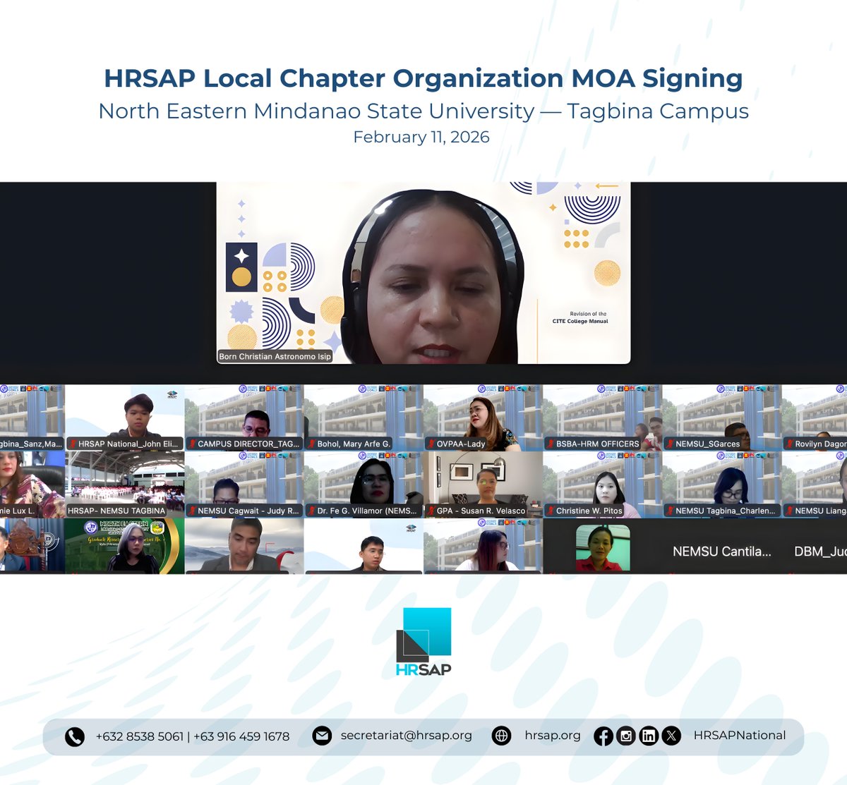 HRSAPNational's tweet photo. The HRSAP National with Northern Eastern Mindanao State University (NEMSU) – Tagbina Campus, proudly announces the successful Signing of the Memorandum of Agreement (MOA) for the establishment of a Local Chapter for HRDM students on February 11, 2026.

#HRSAP #MOA #LCO https://t.co/ikTU3D6x6A