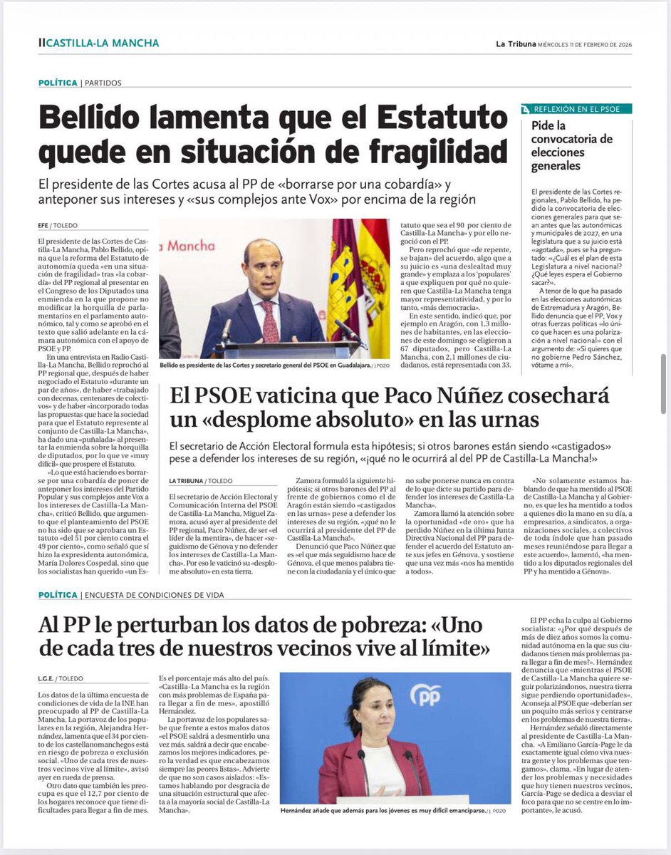 A Bellido, es decir, a <a href="/garciapage/">Emiliano García-Page</a> y el PSOE les preocupa que haya más diputados. Los votos! 

A <a href="/paconunez_/">Paco Núñez</a>  y al <a href="/PP_CLM/">Partido Popular de Castilla-La Mancha</a> que la gente vive en pobreza en CLM 

Cuestión  de prioridades