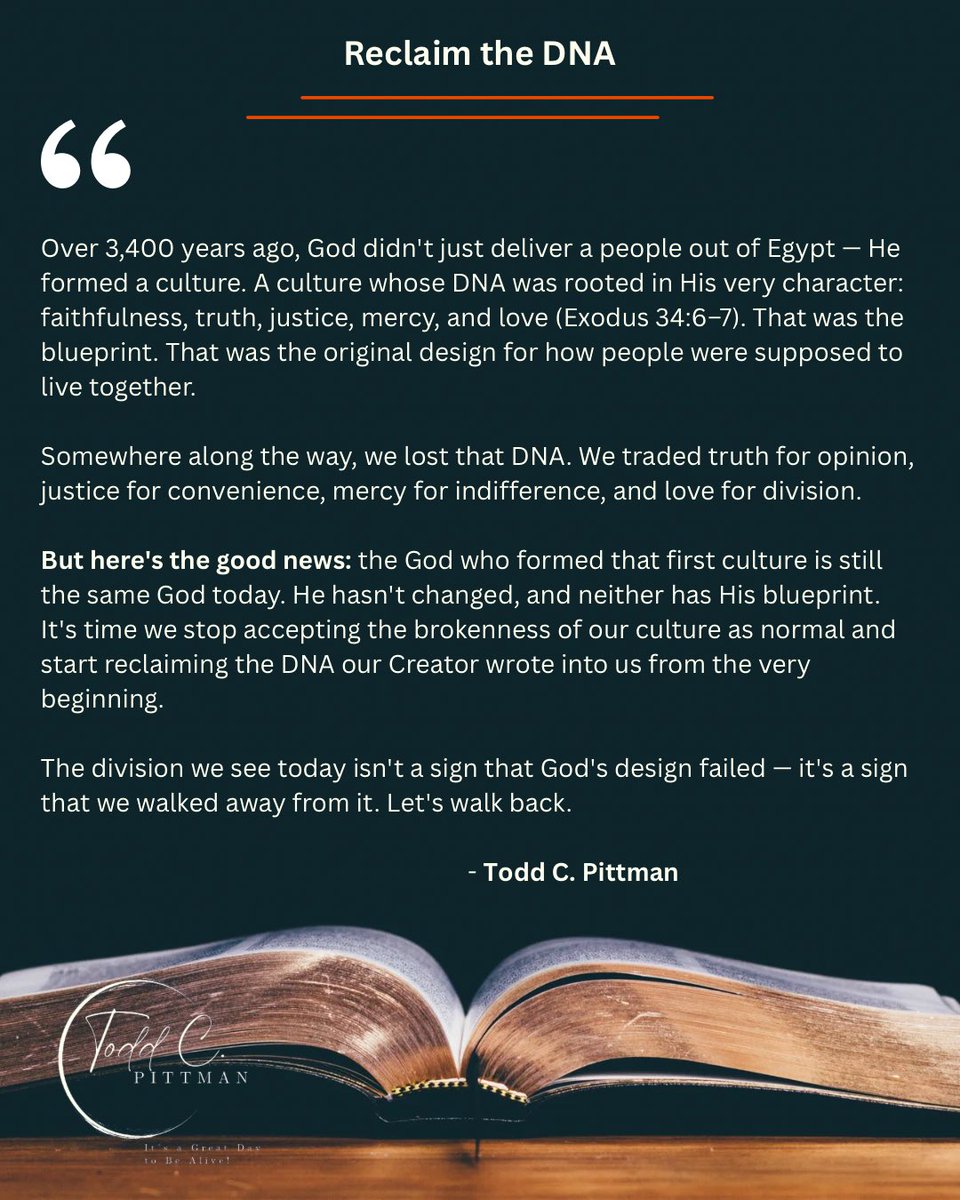 ToddCPittman's tweet photo. It’s a Great Day to Be Alive!

#ToddCPittman #Exodus #GodsDNA #Culture #Faithfulness #Truth #Justice #Mercy #Love https://t.co/tCPpQOW3lL