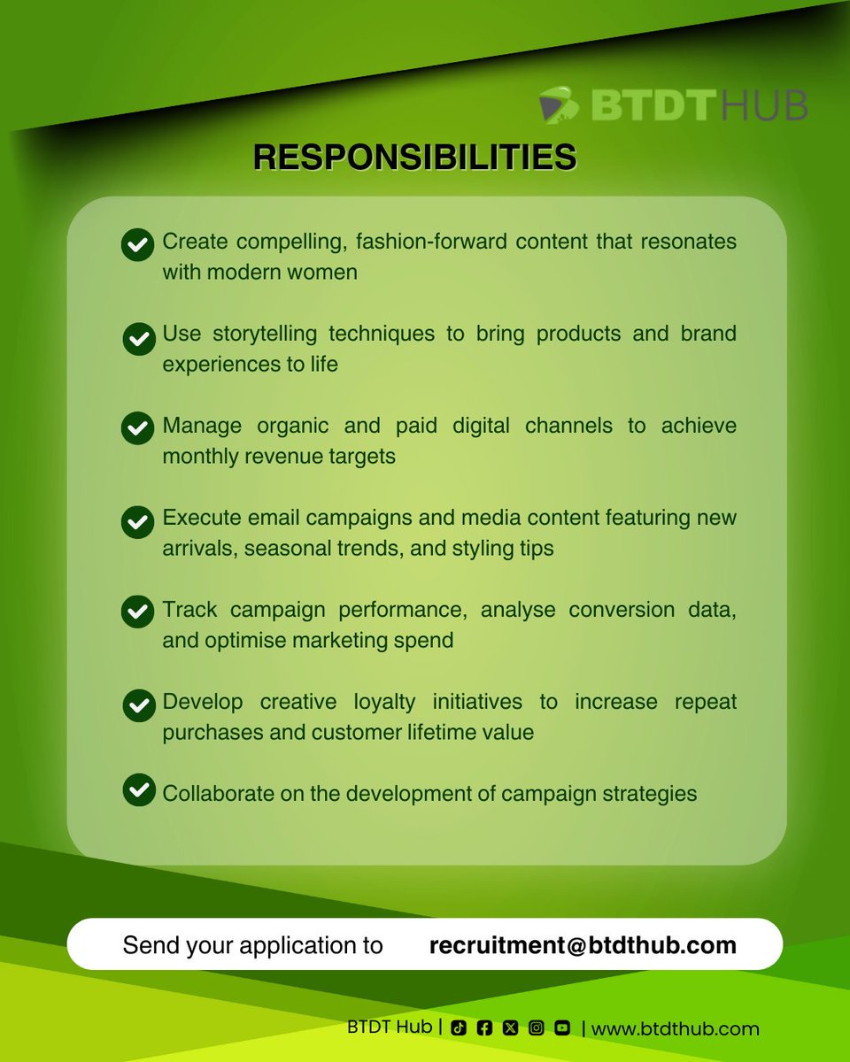 VACANCY 
Location: Hybrid (Lekki, Lagos) 
Role: Growth Marketing Associate 

This role is perfect for a creative and analytical marketer that is passionate about scaling lifestyle brands through content-first strategies.

To apply, send an email to recruitment@btdthub.com