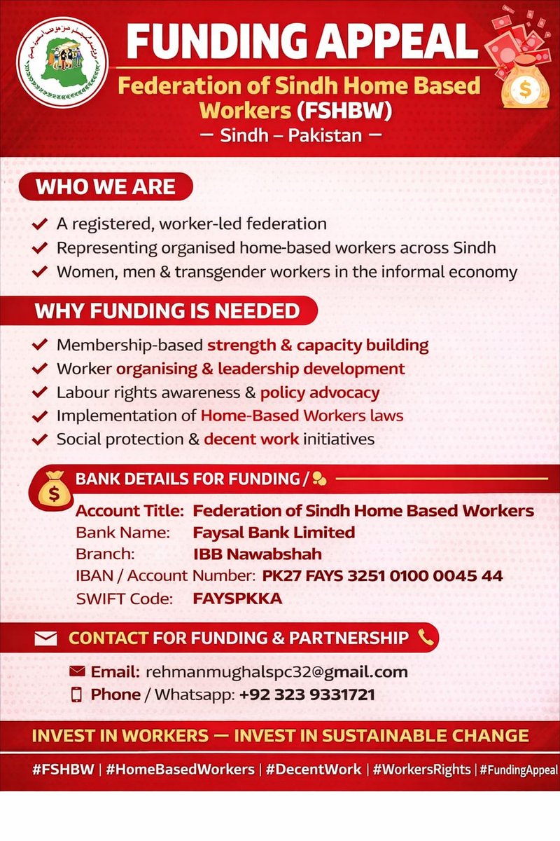 Funding needed to strengthen organised home-based workers in Sindh.

Support worker-led unions, labour rights &amp; policy change.

📩 rehmanmughalspc32@gmail.com | 📞 +92 323 9331721