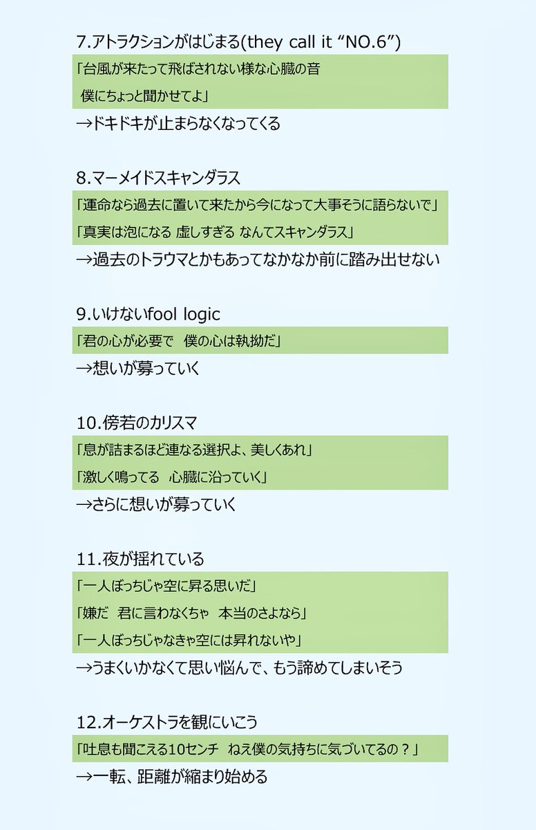 xiix_1020's tweet photo. うるわしの前の晩、ライブが1本の映画みたいに感じて
今回のセトリ、新曲うるわしを挟んで
前半が付き合う前、後半が付き合い始めてから…て考えたら
アニメの2人みたいな恋愛物語を想定したストーリーになってる気がして……
ちょっとこじつけもあるけどこんな感じ？
↓↓↓ https://t.co/0fyfdS83jd