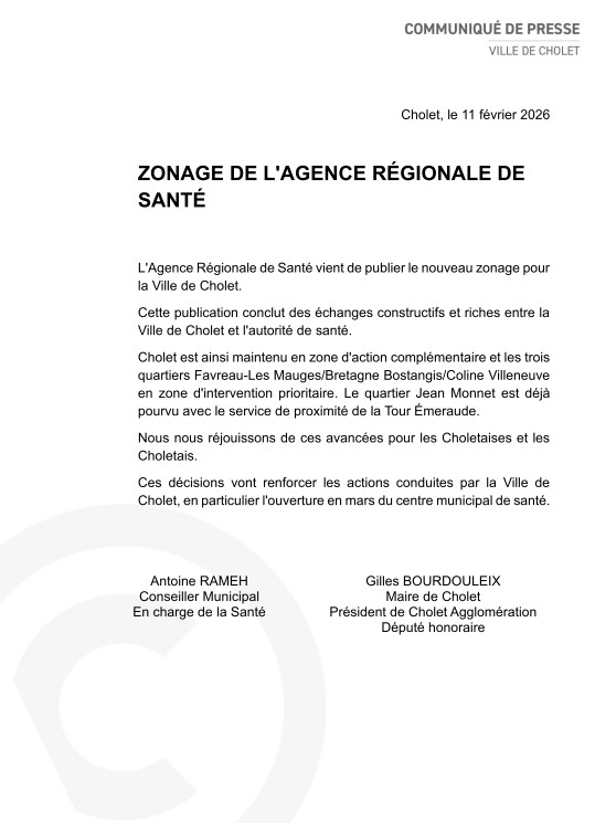Nous tenons à saluer, avec Antoine Rameh, la conclusion du travail conjoint mené avec l'équipe de l' <a href="/ars_pdl/">ARS Pays de la Loire</a>  pour le futur zonage attribué à Cholet, à savoir le maintien en ZAC et le zonage en ZIP pour 3 quartiers prioritaires Bretagne/ Favreau Les Mauges et Colline Villeneuve.