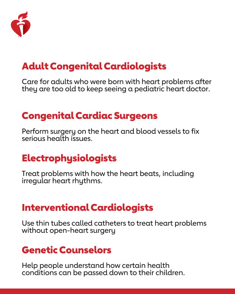 GoRedForWomen's tweet photo. An adult congenital heart disease (ACHD) care team is an all-star group of multidisciplinary health care specialists designed to match each person’s unique heart and health needs. Here’s what a typical team might look like. #CHDWeek https://t.co/1o8NZFVrgJ