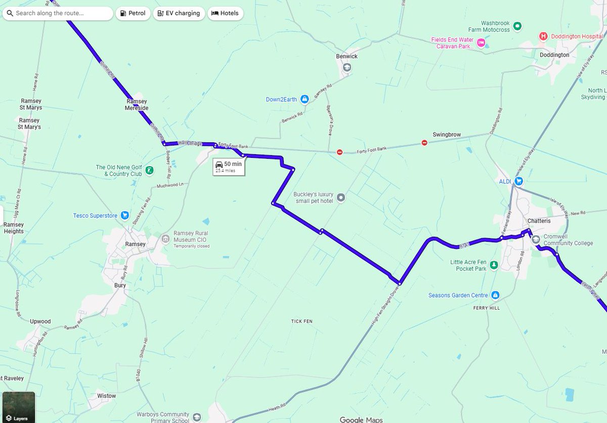 RedSpudd's tweet image. This is the route that Google maps currently suggests as the best way to get to Peterborough whilst the Forty Foot road is closed, including 5 miles down Ramsey Hollow Drove and Long Drove.

What could possibly go wrong with that?