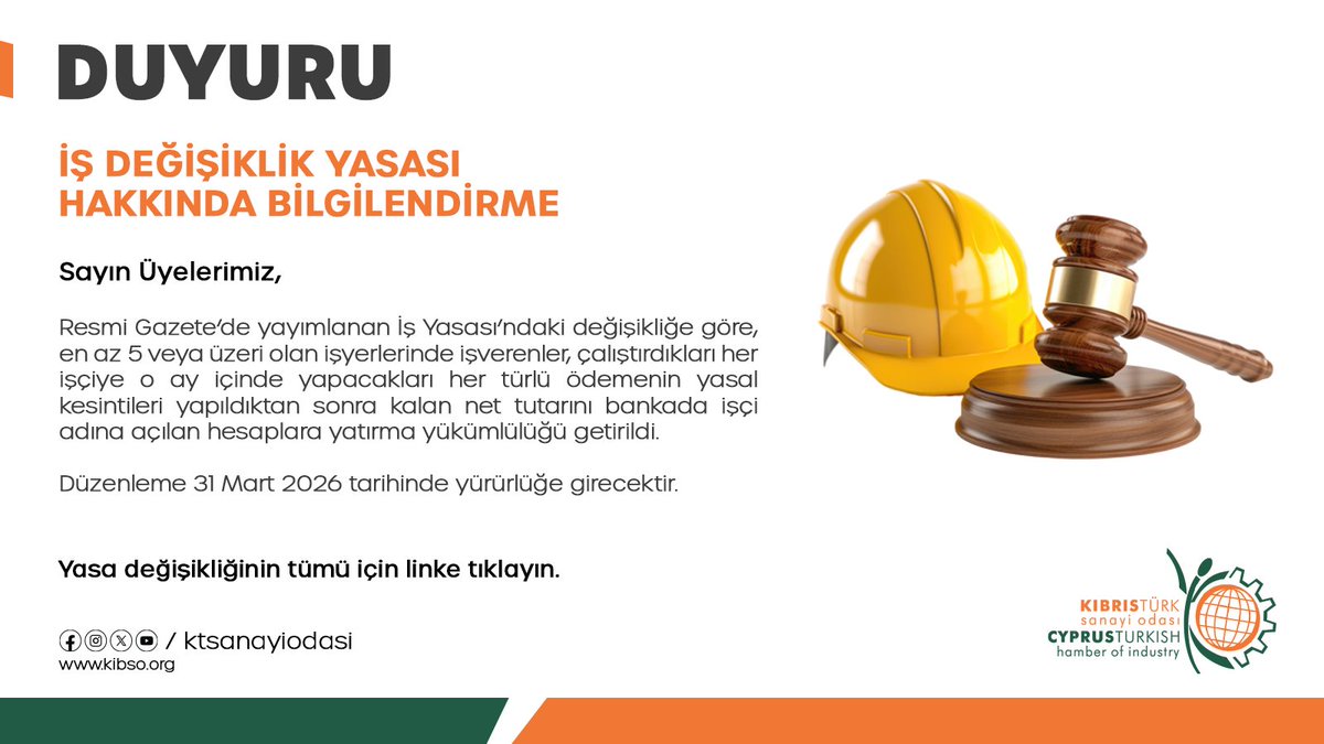 Sayın Üyelerimiz,
Resmi Gazete’de yayımlanan İş Yasası değişikliğine göre, 5+ çalışanlı işyerlerinde ödemeler, yasal kesintiler sonrası işçi hesabına yatırılacak.
Daha fazla detay için linke tıklayın.
bit.ly/3Oc0t3W