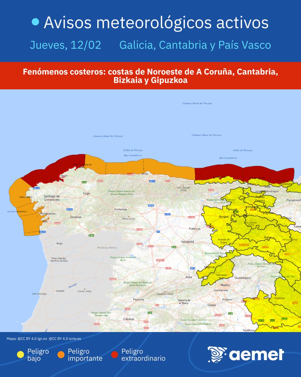 ⚠️🔴  AVISO ROJO | Noroeste de A Coruña, Litoral cántabro, Bizkaia litoral y Gipuzkoa litoral por fenómenos costeros.

🌊 Olas de más de 9 metros. El peligro es extraordinario.

⚠️  Evita las costas de las zonas afectadas. ¡Precaución! Sigue recomendaciones de Protección Civil.