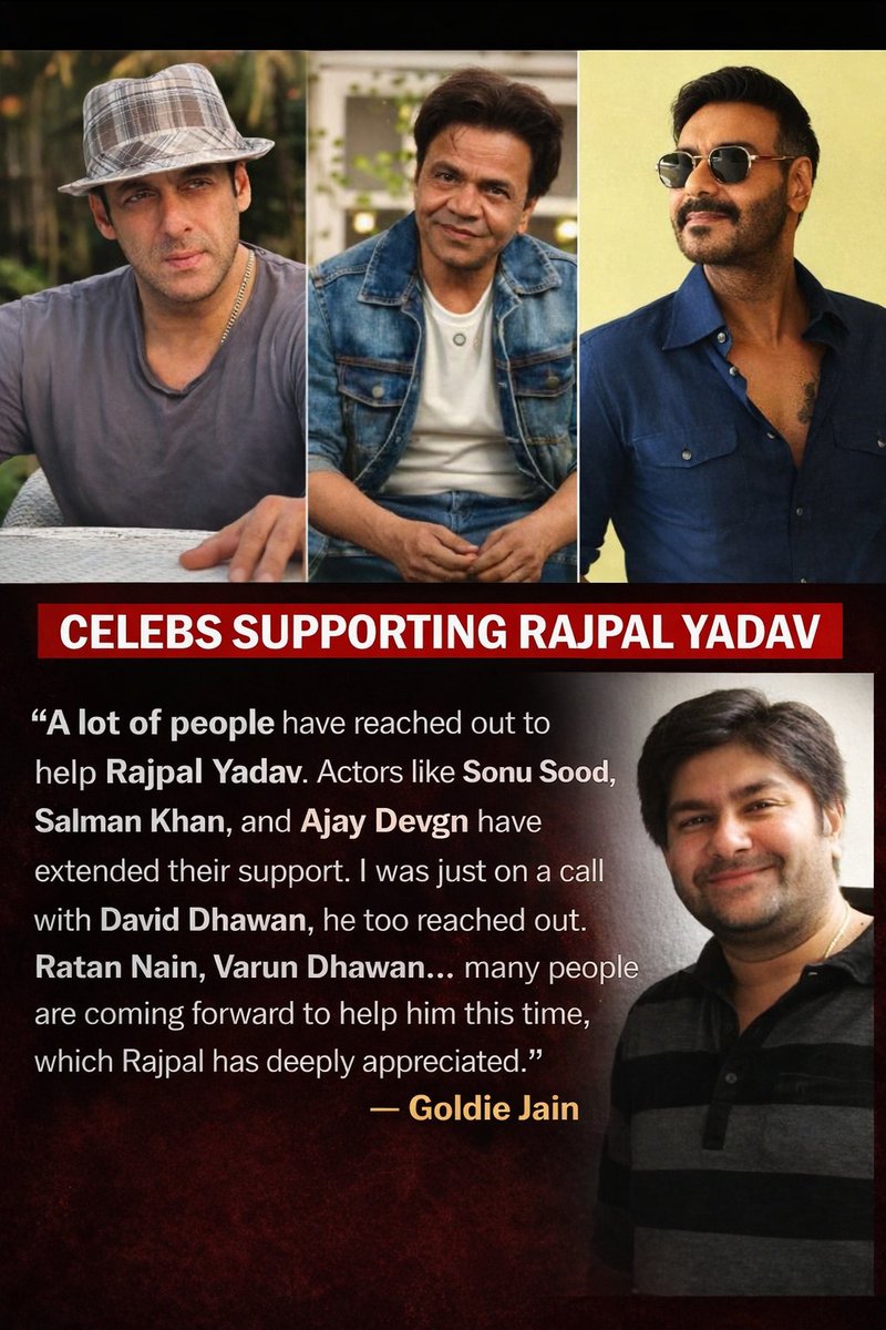 Im_SPathak's tweet image. A lot of people have reached out to help #RajpalYadav. Actors like #SalmanKhan, and #AjayDevgn have extended their support. I was just on a call with David Dhawan, he too reached out. Ratan Nain, Varun Dhawan… many people are coming forward to help him this time, which Rajpal