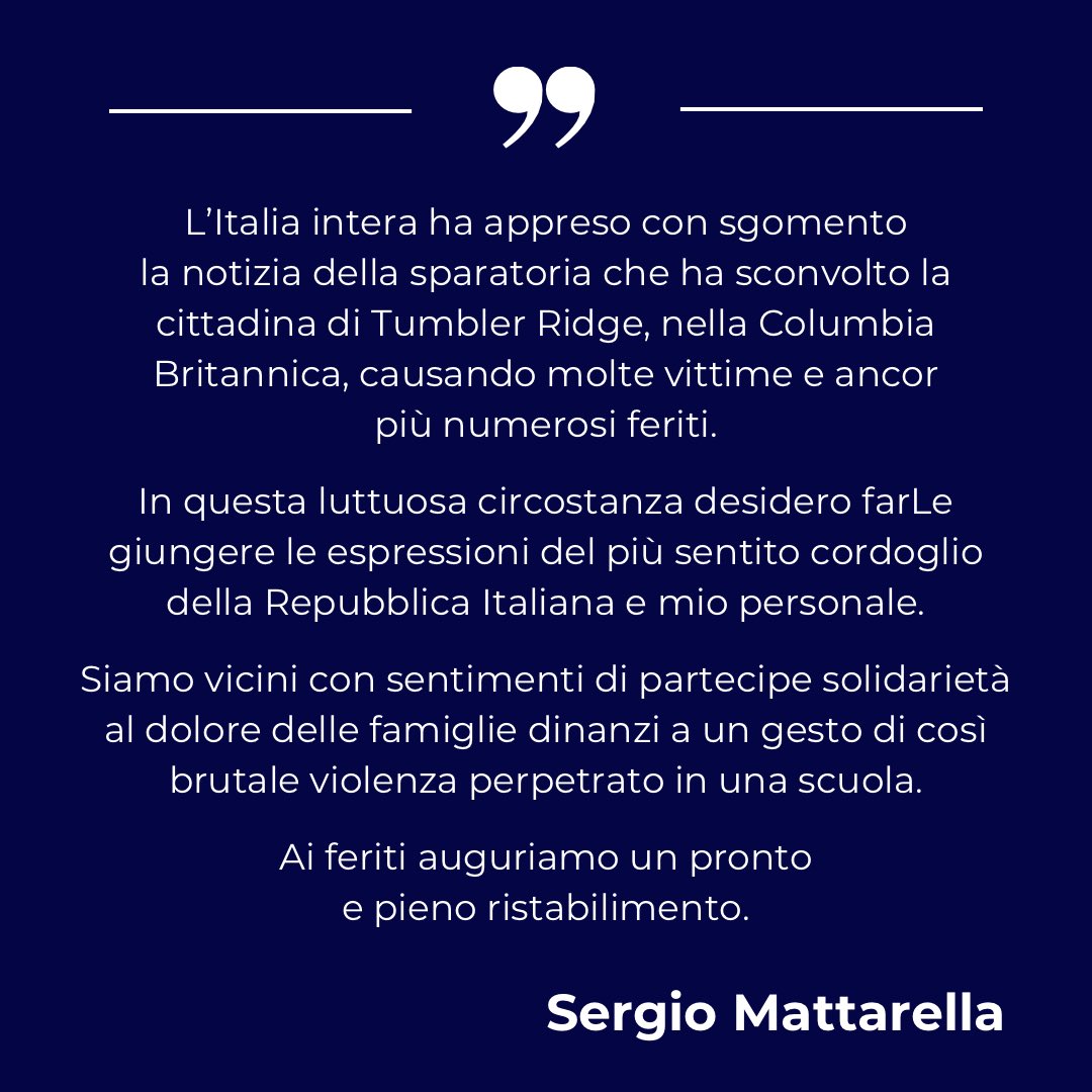 Sparatoria in Canada, il Presidente Mattarella ha inviato alla Governatrice Generale Mary May Simon il seguente messaggio: