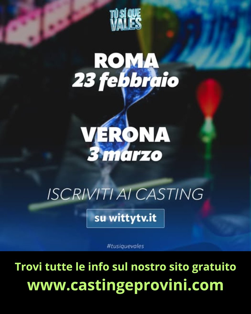 Casting a Roma e Verona per la nuova edizione 2026 del talent TV “Tu Si Que Vales”. I giudici non vedono l’ora di scoprire nuovi talenti! I prossimi casting live si svolgeranno il 23 febbraio a Roma e il 3 marzo a Verona. Link per tutte le info: castingeprovini.com/casting-per-il…
