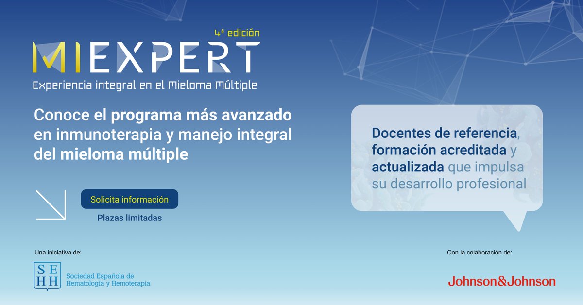 sehh_es's tweet photo. La 4ª edición de #MiExpert se centra en la inmunoterapia y el manejo integral del #MielomaMúltiple.
➕Con docentes de referencia y contenidos sobre CAR-T.
Formación avanzada y práctica. ¡No te quedes sin tu plaza! Plazas limitadas https://t.co/DH03ZRNSdB
#4EdMiExpert #FormaciónMédica #MielomaMúltiple #ActualizaciónCientífica