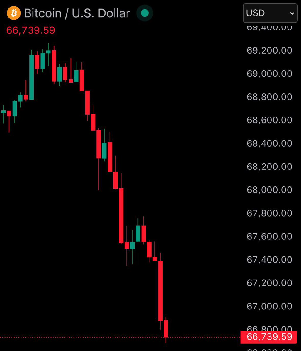FridaySecurityT's tweet photo. 🚨 JUST IN: Bitcoin slides below $67,000 as downside pressure builds and volatility picks up. https://t.co/2aZJevy3kL