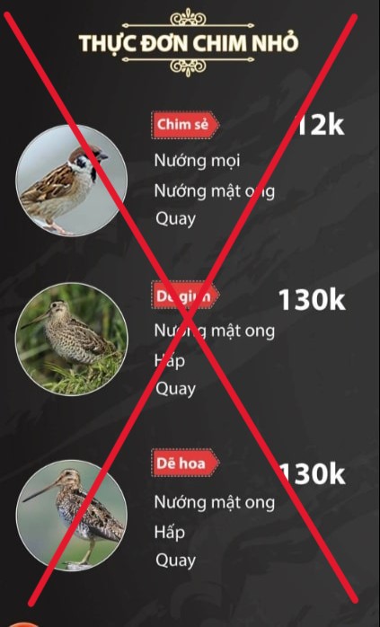 Following <a href="/edu4naturevn/">Education for Nature Vietnam (ENV)</a>'s reports, Hanoi authorities fined 3 restaurants 12.25M VND (~$471) for illegally advertising and keeping wild birds. ENV continues to coordinate with law enforcement and raise awareness to end wild bird consumption. 🦅🚫