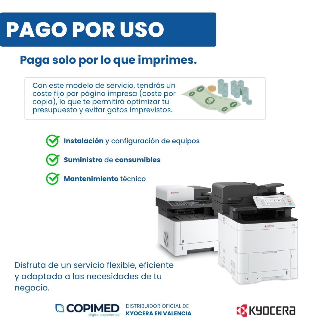 Copimed_es's tweet photo. Paga solo por lo que imprimes y mantén tus costes bajo control.
En Copimed nos encargamos de todo:
✔ Instalación y configuración
✔ Consumibles
✔ Mantenimiento y soporte técnico
#Copimed #Kyocera #EnValencia #Undiamas #Impresionesfelices https://t.co/6mpc8q8acF