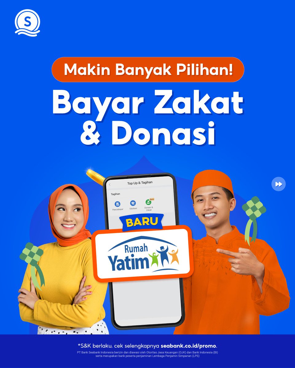 SeaBankID's tweet photo. YUK SISIHKAN SEDIKIT REZEKIMU UNTUK SAUDARA KITA YANG MEMBUTUHKAN 🤍

Bersedekah sekarang menjadi mudah! Seabank telah menghadirkan Rumah Yatim sebagai opsi tujuan sedekahmu. Mari sebarkan kebaikan untuk sesama 🤗

Mulai langkah finansial yang lebih simpel 🎆🎉 Bersama SeaBank, kamu bisa nikmati GRATIS TRANSFER 100x/bulan, BUNGA CAIR SETIAP HARI, dan BUNGA TINGGI s.d. 6% p.a.! Daftar sekarang dan mulai tahun baru dengan SeaBank 👉 https://t.co/i32A2fhfVe

PT Bank Seabank Indonesia berizin dan diawasi oleh Otoritas Jasa Keuangan (OJK) dan Bank Indonesia (BI) serta merupakan bank peserta penjaminan Lembaga Penjamin Simpanan (LPS).