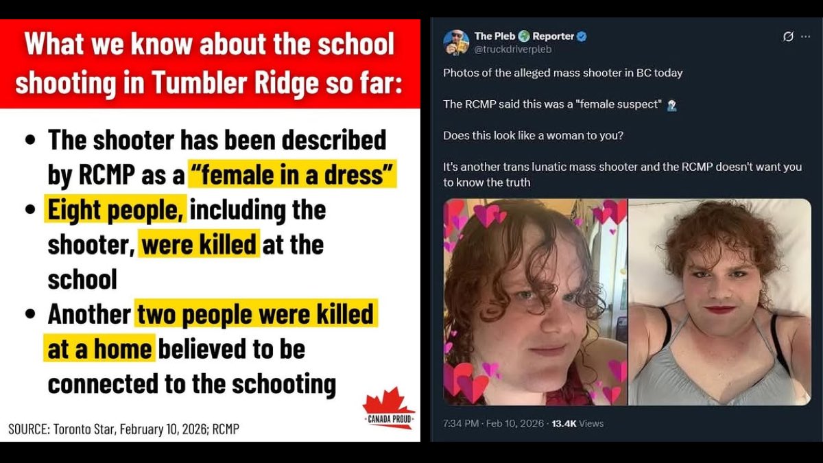 tvc1five's tweet photo. The Canadian media and police are hiding information that the mass shooter is a trans person.

This is the mass shooter that killed 10 and wounded 25 in the Tumbler Ridge, Canada school shooting. https://t.co/4YFJuZDOqB