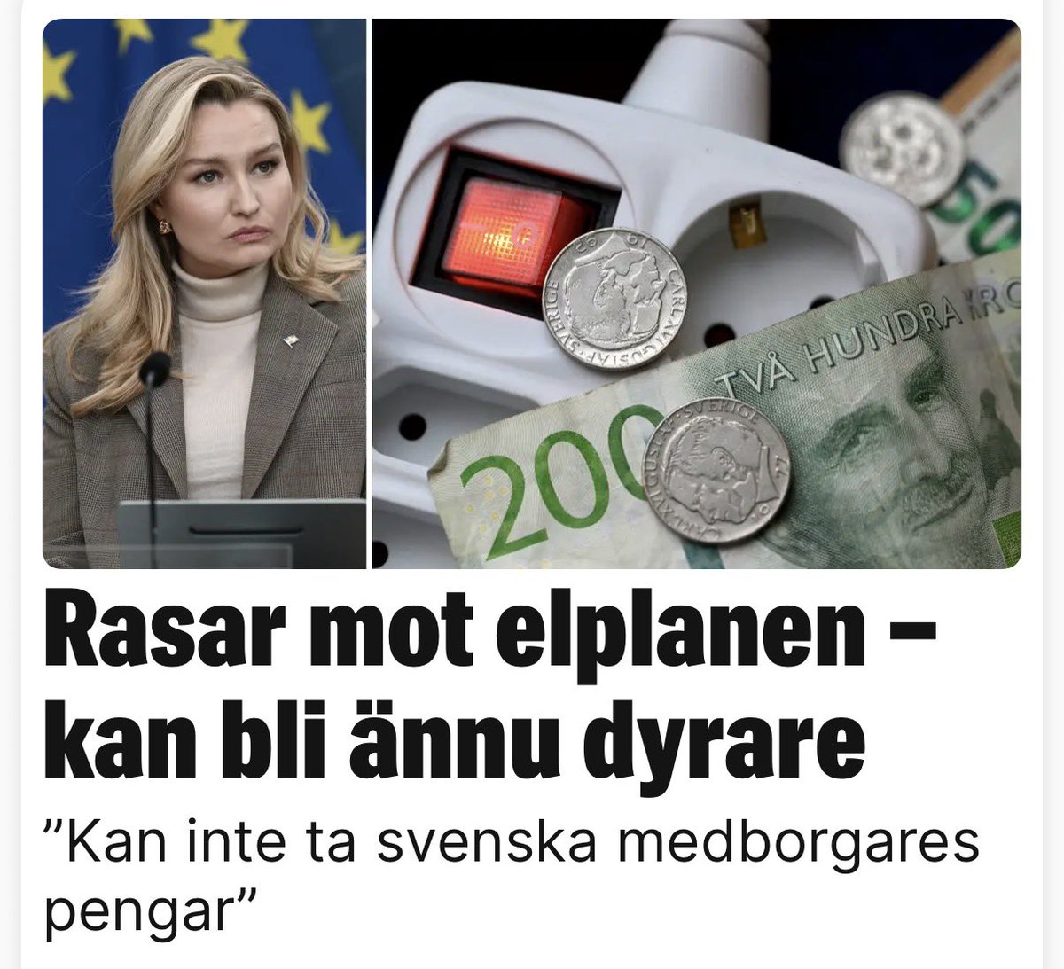 Vi måste sätta ner foten.
EU tycker att Sverige ska betala för utbyggnad av energisystem i Europa 

Ebba Busch rasar och kallar det för en EU-skatt.

”– Det är alltså inte okej att indirekt införa en slags EU-skatt här”  säger hon till Ekot. expressen.se/ekonomi/privat…