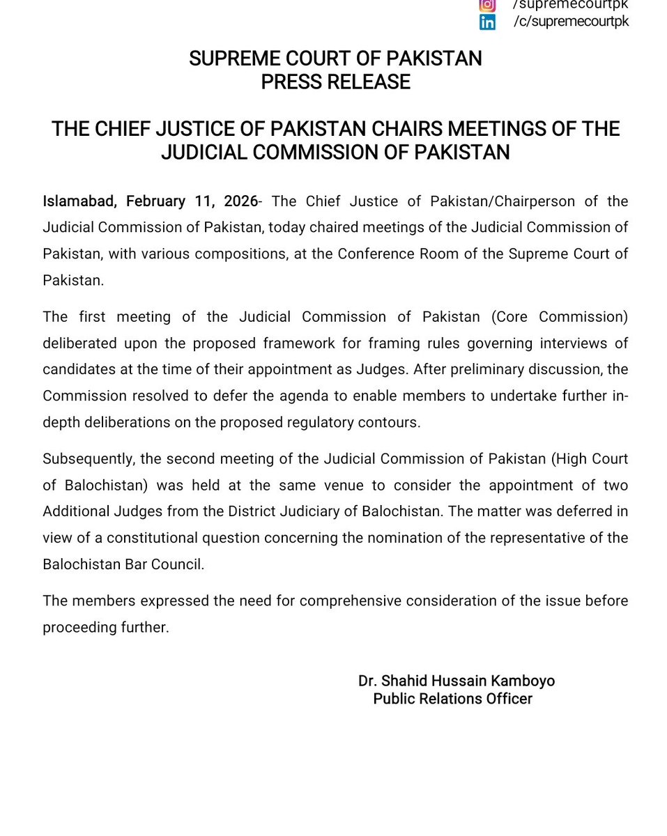 Judicial Commission of Pakistan has deferred the matter regarding the new appointment of Balochistan High Court judges.