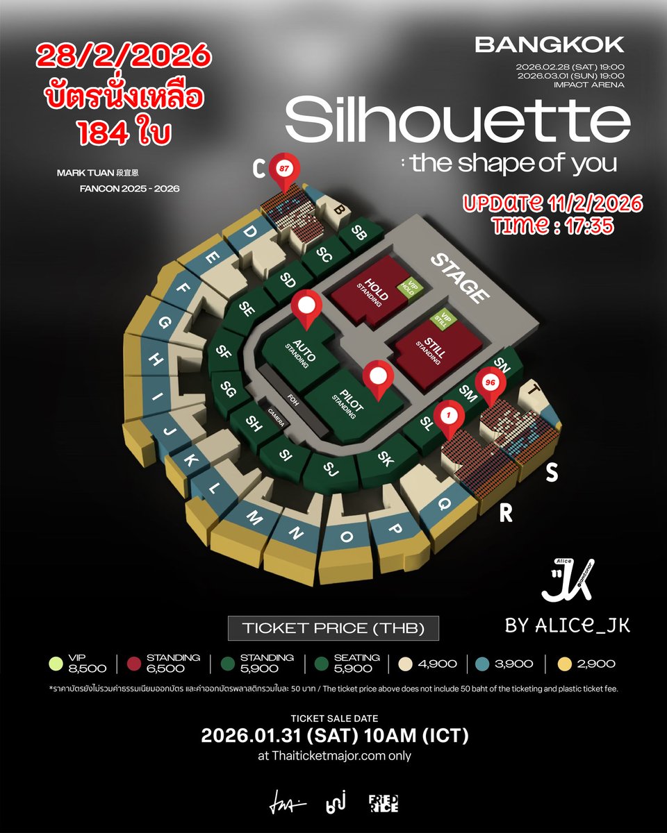 19 กพ 69 ประกาศ Benefit แล้วนะคะ 
ยังมีบัตรเหลือในระบบนะ กดเองได้เลย 

Update 11/2/69 Time 17:35 
28/1 : บัตรนั่งเหลือ 184 ไม่รวมบัตรยืน   
1/3 :  บัตรนั่งเหลือ 1272  ไม่รวมบัตรยืน    

Buy Ticket : 👇 thaiticketmajor.com/concert/mark-t… 

#MarkTuanFanconBKK2026 
#MarkTuan_Silhouette