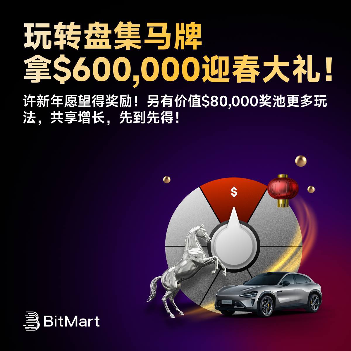 🐎 新年转盘开转｜集马牌瓜分 $600,000 迎春大礼！
许下新年愿望，把好运一起转回家 🎁
另有 $80,000 奖池 多重玩法同步开启，
共享增长红利，先到先得！ (๑•̀ㅂ•́)و✧

⏰ 活动时间
2026/2/10 00:00 – 2026/2/18 23:59（UTC+8）

👉 参与入口：
bitmart.com/zh-CN/activity…

#BitMart
#新春活动