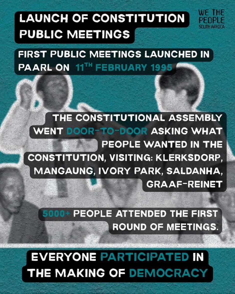 Did you know? On the 11th of February 1995, a massive campaign was launched to ensure the Constitution belongs to every South African. The Constitutional Assembly actively sought the dreams and demands of the marginalised.

#wethepeoplesa #knowyourconstitution #constitutionat30