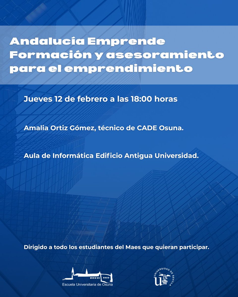 euosuna's tweet image. 🎓 La EUO acoge una sesión sobre emprendimiento para el alumnado del #MAES.

📅 12 feb | 🕕 18:00 h
👩‍💼 Amalia Ortiz (CADE Osuna)
📍 Aula de Informática

Conoce los recursos de #AndalucíaEmprende: asesoramiento, financiación y apoyo para transformar tu idea en proyecto.

#EUO