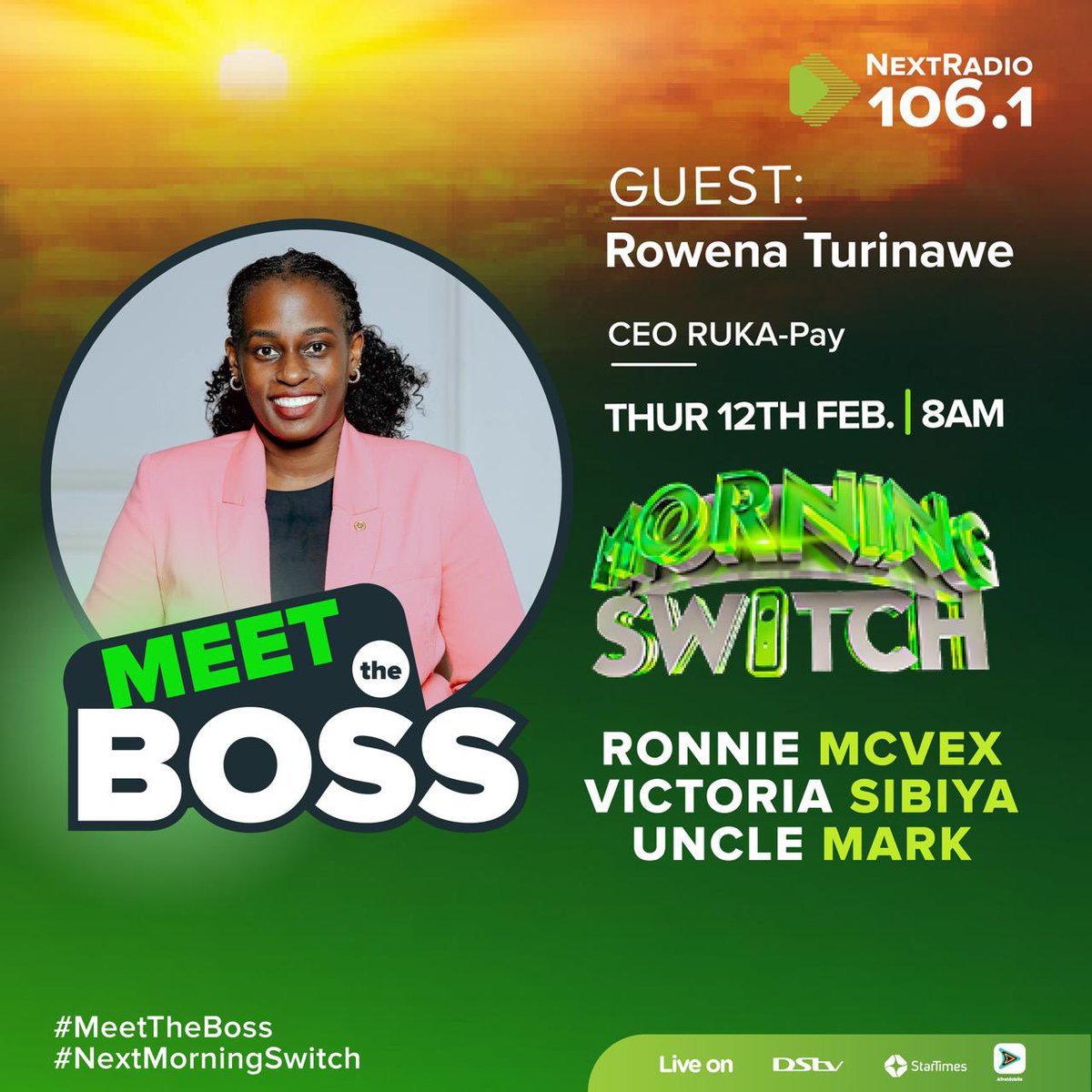 Catch <a href="/rukapay_ug/">RukaPay</a> CEO, @RowenaTurinawe, live on <a href="/nextradio_ug/">Next Radio 106.1FM</a> , sharing how we’re 𝐛𝐮𝐢𝐥𝐝𝐢𝐧𝐠 𝐟𝐢𝐧𝐭𝐞𝐜𝐡 𝐢𝐧𝐟𝐫𝐚𝐬𝐭𝐫𝐮𝐜𝐭𝐮𝐫𝐞 that makes 𝐭𝐫𝐚𝐧𝐬𝐚𝐜𝐭𝐢𝐨𝐧𝐬 𝐬𝐦𝐨𝐨𝐭𝐡 &amp; #Seamless.

Thursday, Feb 12 | 8:00 AM | NextRadio 106
#MeetTheBoss #WomenInFintech