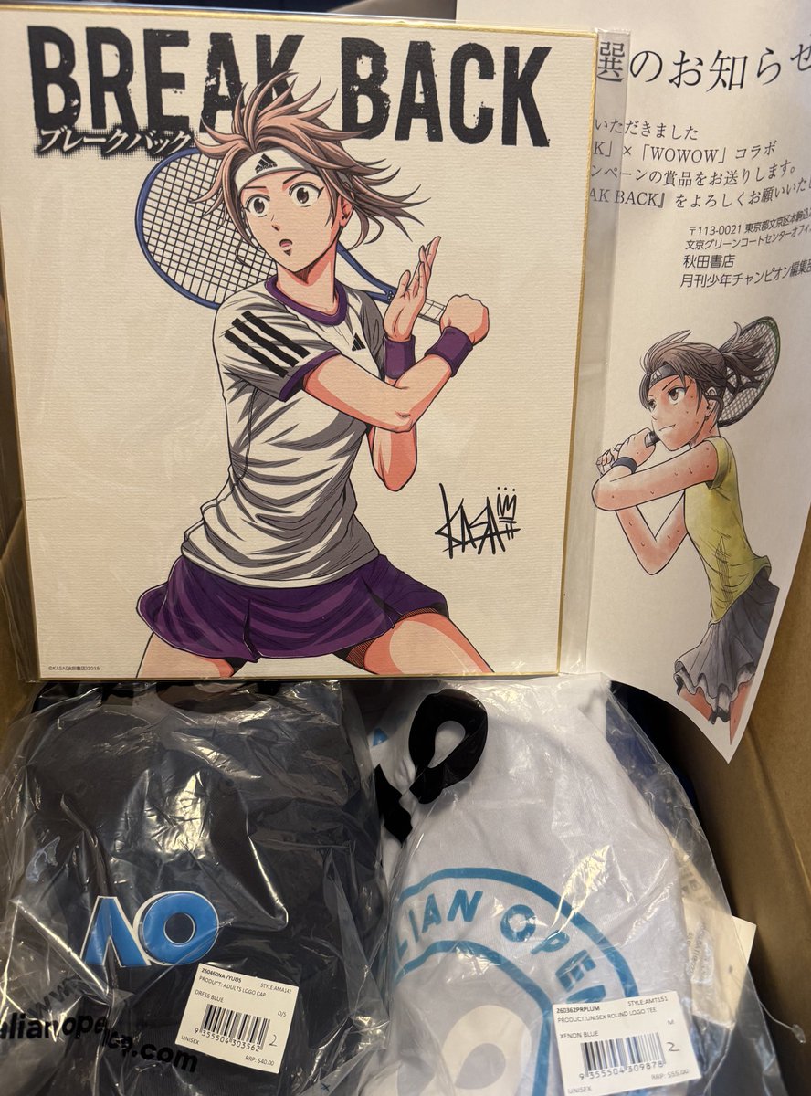 bellett7's tweet image. BREAK BACKとWOWOWのコラボキャンペーンに当選しました❗️
BREAK BACKはkindleで全巻揃えていましたが、大の単行本好きなので改めて読み返したいと思います😊
KASAさんのサイン入り色紙ももらえたしAOグッズももらえたしで、嬉しくてたまりません🙇
@KASA_TENIS 
#BREAKBACK
#秋田書店
#WOWOW
