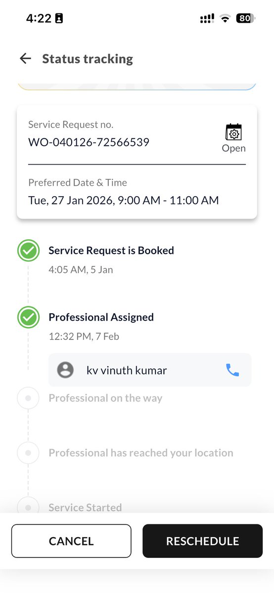 gikunair's tweet photo. @EurekaForbes attached is a service request for 27th jan, today is 11th feb, have mailed called even got a call back saying they will assign someone and i can see on app its assigned as well but still no call or someone to come why pay for your amc? https://t.co/c6qU0xl5Cy