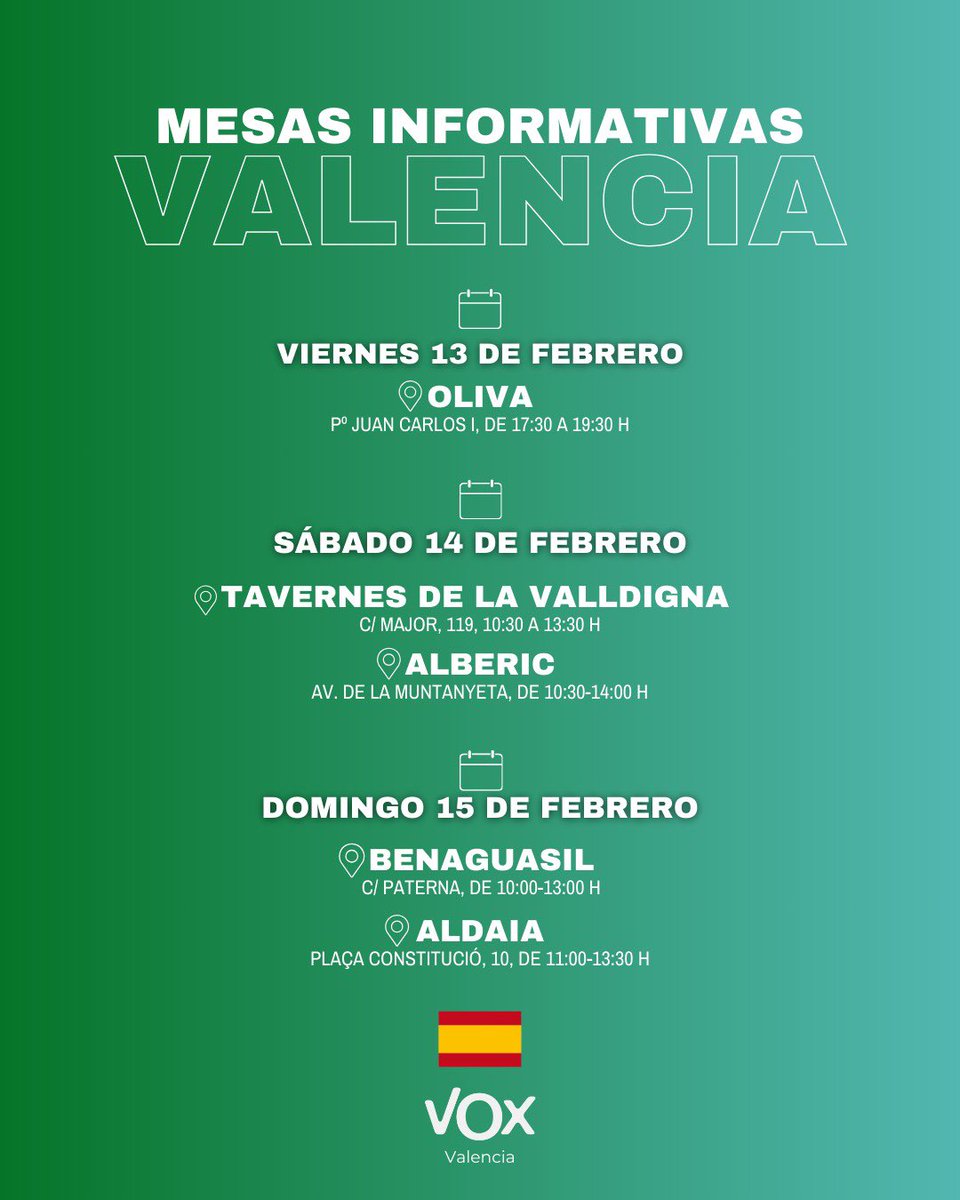 Mesas informativas para este fin de semana en la provincia de Valencia. 

Ven a conocer a nuestros equipos en cada municipio 💪🏼🇪🇸