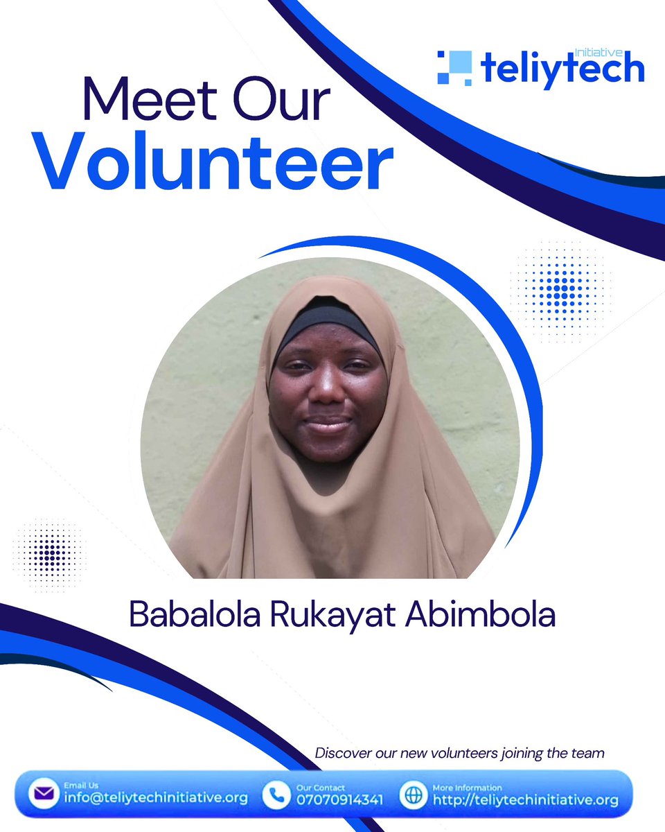 Meet Rukayat Abimbola Babalola, Program Team Member at TeliyTech Initiative 👋
 A tech enthusiast passionate about community engagement and using technology for social good.
#TeliyTechInitiative #MeetOurVolunteers #TechForImpact