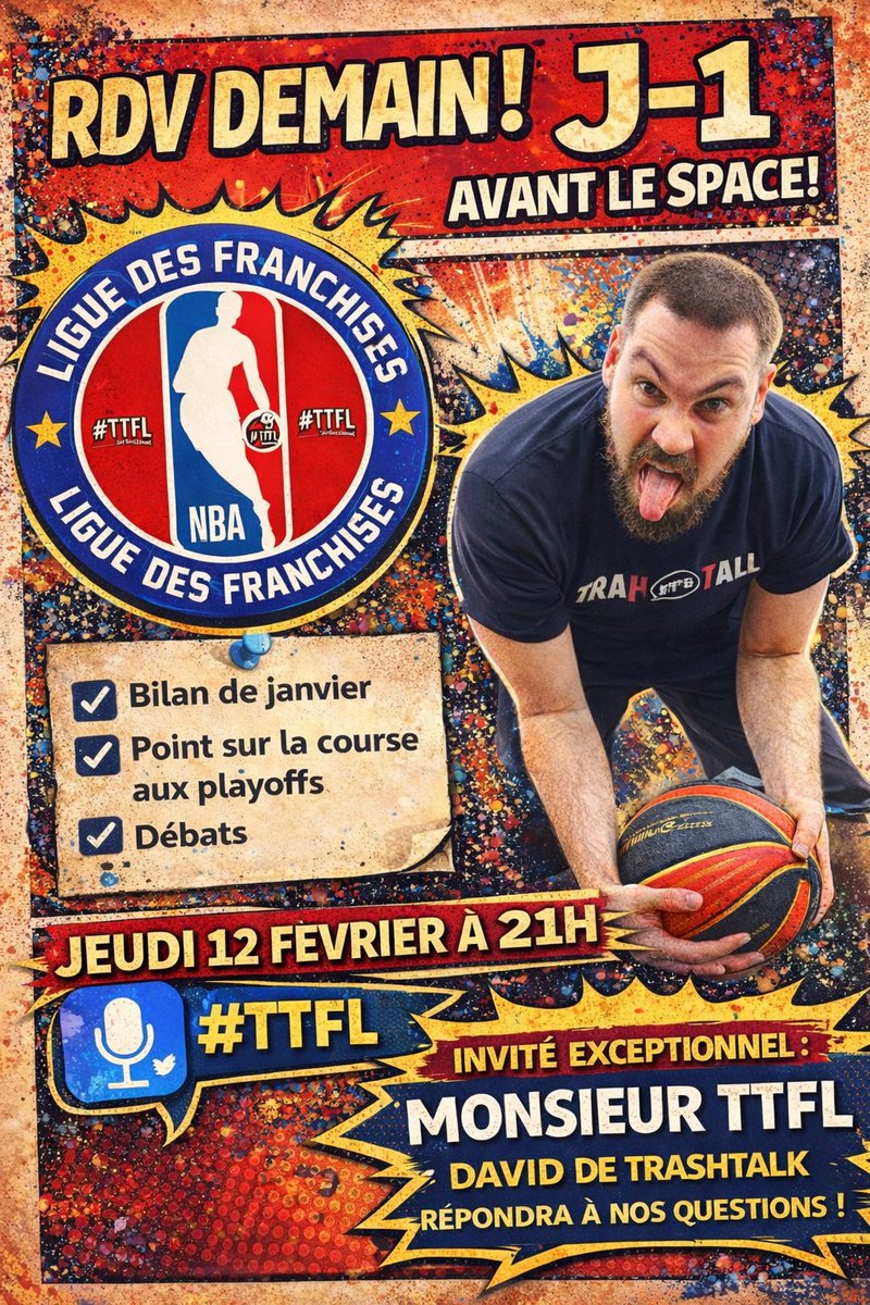 🚨🎙️SPACE LIGUE DES FRANCHISES 

Nous vous attendons nombreux demain soir pour un nouveau Space, Mister #TTFL <a href="/TheBigD05/">David TrashTalk</a> sera avec nous pour échanger autour de la Ligue, mais aussi de la TTFL plus largement !!!

<a href="/TrashTalk_fr/">TrashTalk</a> <a href="/ABallNeverLies/">Alex // TrashTalk & TBNL</a> <a href="/TTFLab/">TrashTalk Fantasy Lab</a>