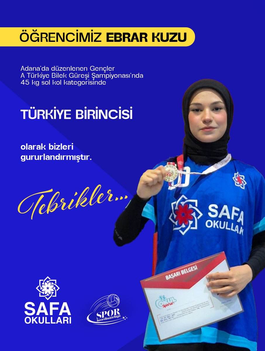 Gurur Duyuyoruz! ✨
Öğrencimiz Ebrar Kuzu, Adana’daki Gençler A Türkiye Bilek Güreşi Şampiyonası’nda 45 kg sol kol kategorisinde 🇹🇷 Türkiye Şampiyonu oldu. 🏆
Tebrikler Ebrar! 💙👏
#GururKaynağımız #SafaOkulları #SporcuGençlik