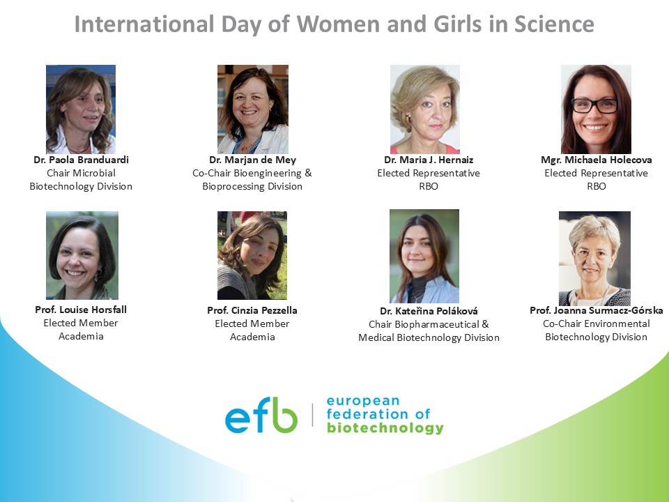 EFBiotechnology's tweet photo. Today we celebrate the International Day of Women and Girls in Science.
As @antonioguterres  said: “We must ensure that every girl can imagine a future in STEM, and that every woman can thrive in her scientific career.”
At EFB, we encourage girls and women to follow their passion for science—and we thank all the women contributing to our work, especially the Members of our Executive Board. 💙💚
#WomenInScience #STEM #IDWGIS #Biotechnology #EFB