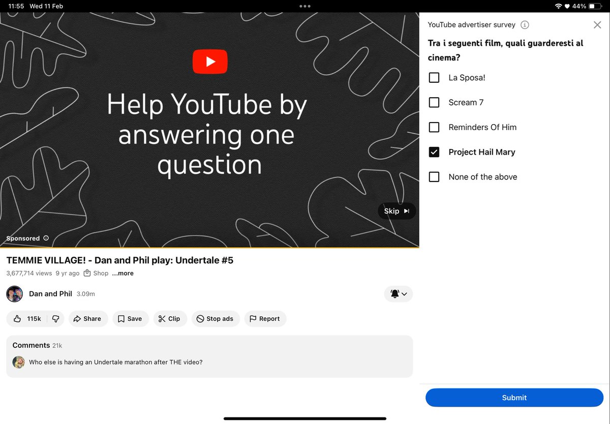 Can’t stop laughing at this survey I just got on YouTube😭
“Which one of these movies are you most likely to go watch at the cinema?”