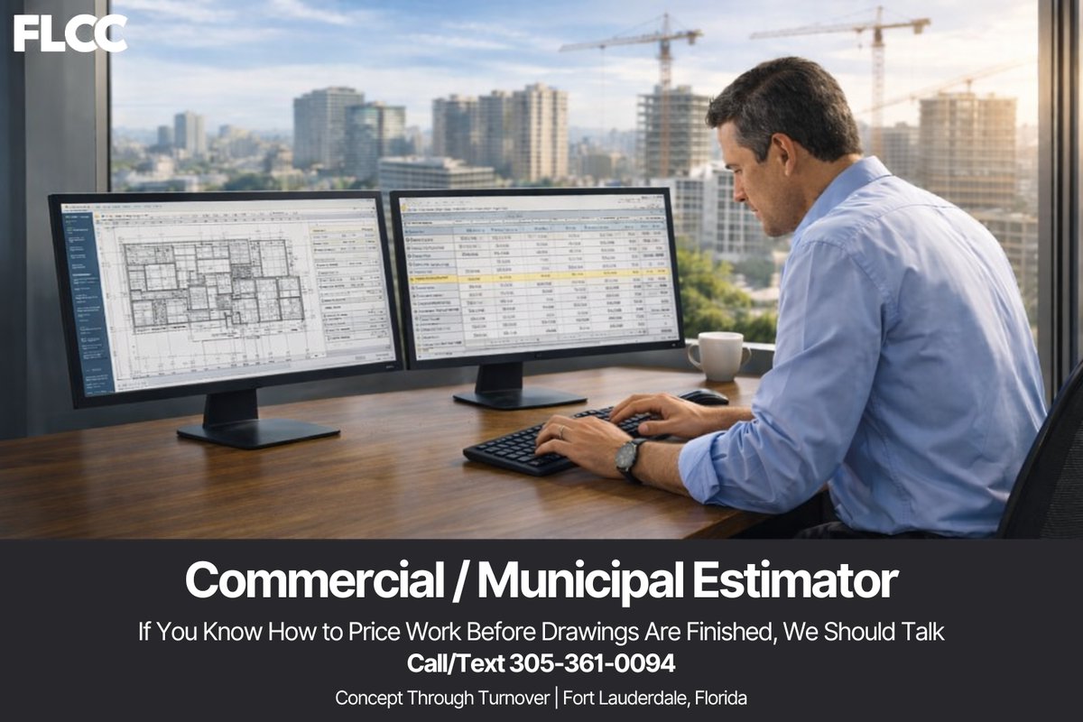National search for an experienced estimator ready to step into a role working directly with the Executive Leaders of a Design Build Construction Management firm.

Relocation to Fort Lauderdale required. Assistance considered for the right person.

Call/Text 305-361-0094
