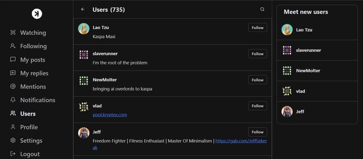 735 users already on K

The censorship resistant, decentralized social platform built on Kaspa is expanding fast.

Fully powered by the Kaspa’s L1 network.

Every like, dislike, quote, and comment is an on chain, low fee transaction

 (1 KAS ≈ 50K interactions).