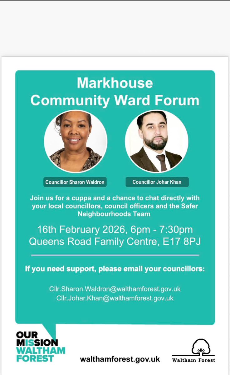 markhouseward's tweet photo. #Markhouse Community Ward Forum - Monday 16th February 7:30pm. Details attached #E17 https://t.co/nbE5eDYqbN