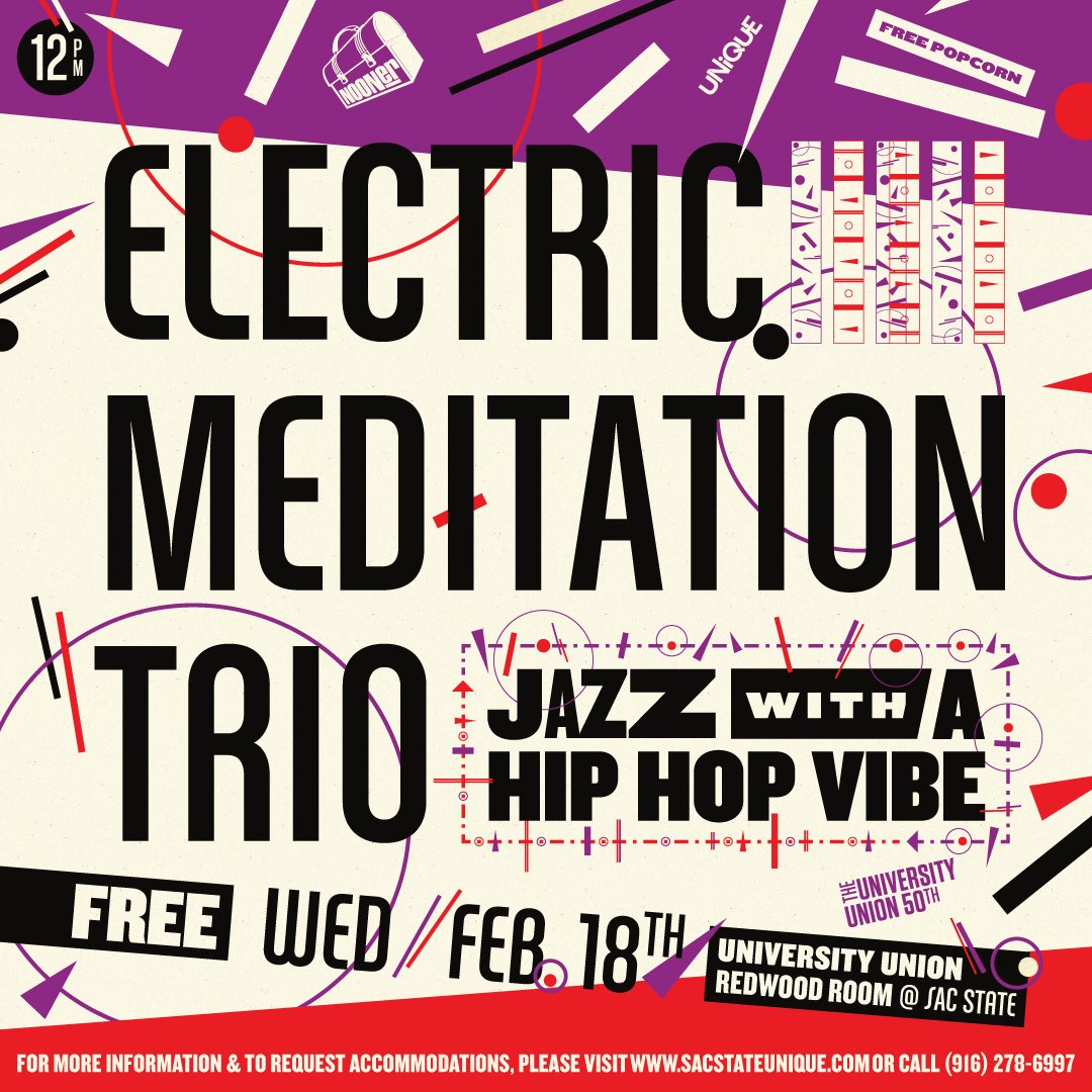 Electric Meditation Trio returns to the Union next week!

📍 Redwood Room
📆 Wed 2.18
⏰ 12pm
🎟️ FREE

#sacstate #studentlife #campuslife